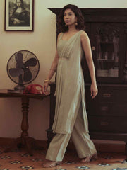 Sea Green Silk Kurta with Pant & One Side Shrug Set