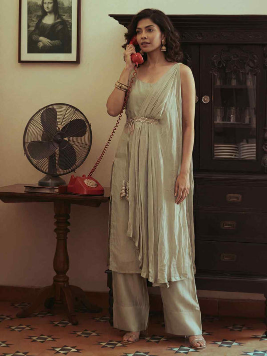 Sea Green Silk Kurta with Pant & One Side Shrug Set