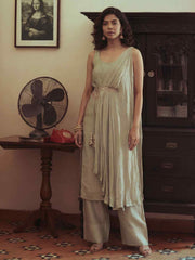 Sea Green Silk Kurta with Pant & One Side Shrug Set