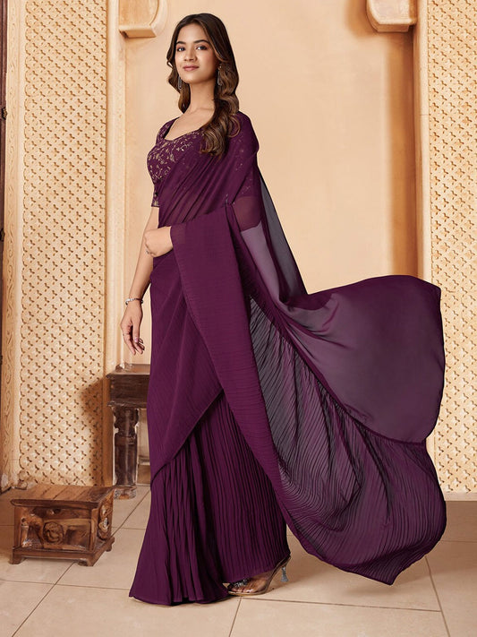 Purple Solid Saree With Blouse Piece
