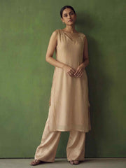 Beige Golden Silk Crop Top with Farshi Pant & Shrug Dress