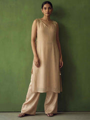 Beige Golden Silk Crop Top with Farshi Pant & Shrug Dress