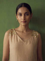 Beige Golden Silk Crop Top with Farshi Pant & Shrug Dress