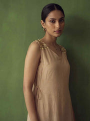 Beige Golden Silk Crop Top with Farshi Pant & Shrug Dress