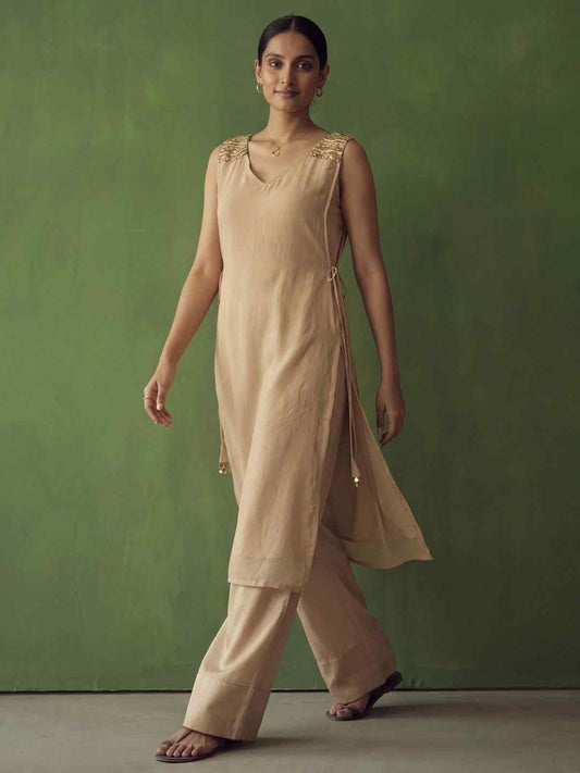 Beige Golden Silk Crop Top with Farshi Pant & Shrug Dress