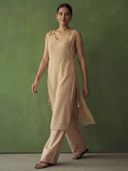 Beige Golden Silk Crop Top with Farshi Pant & Shrug Dress