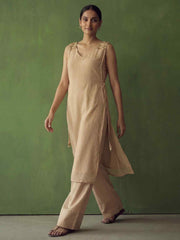 Beige Golden Silk Crop Top with Farshi Pant & Shrug Dress