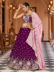 Purple Georgette Fabric Sequins embroidery Semi Stitched Lehenga & Unstitched Blouse With Dupatta