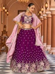 Purple Georgette Fabric Sequins embroidery Semi Stitched Lehenga & Unstitched Blouse With Dupatta