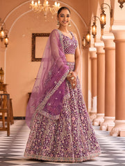 Burgundy Net Fabric Sequins embroidery Semi Stitched Lehenga & Unstitched Blouse With Dupatta