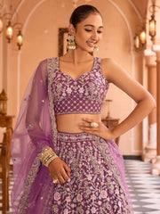 Burgundy Net Fabric Sequins embroidery Semi Stitched Lehenga & Unstitched Blouse With Dupatta