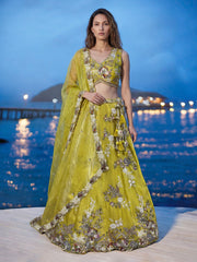 Women's Yellow Tissue Woolen Embroidered Lehenga Choli with Dupatta