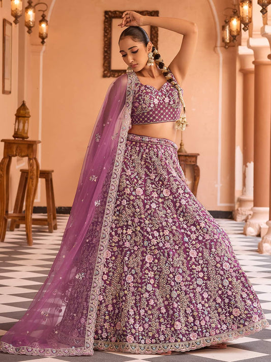 Burgundy Net Fabric Sequins embroidery Semi Stitched Lehenga & Unstitched Blouse With Dupatta