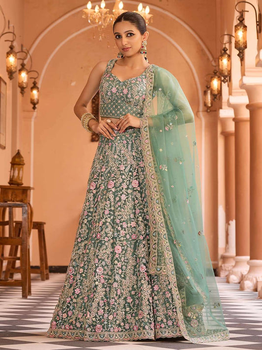 Limegreen Net Fabric Sequins embroidery Semi Stitched Lehenga & Unstitched Blouse With Dupatta
