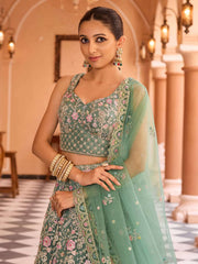Limegreen Net Fabric Sequins embroidery Semi Stitched Lehenga & Unstitched Blouse With Dupatta
