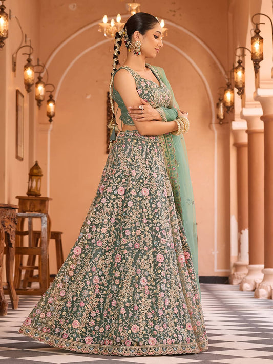 Limegreen Net Fabric Sequins embroidery Semi Stitched Lehenga & Unstitched Blouse With Dupatta