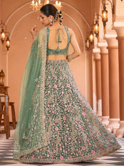 Limegreen Net Fabric Sequins embroidery Semi Stitched Lehenga & Unstitched Blouse With Dupatta
