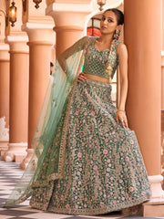 Limegreen Net Fabric Sequins embroidery Semi Stitched Lehenga & Unstitched Blouse With Dupatta