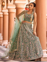 Limegreen Net Fabric Sequins embroidery Semi Stitched Lehenga & Unstitched Blouse With Dupatta