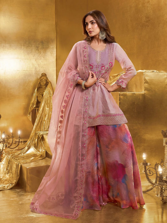 Women Floral Yoke Design Regular Thread Work Kurta with Palazzos & With Dupatta