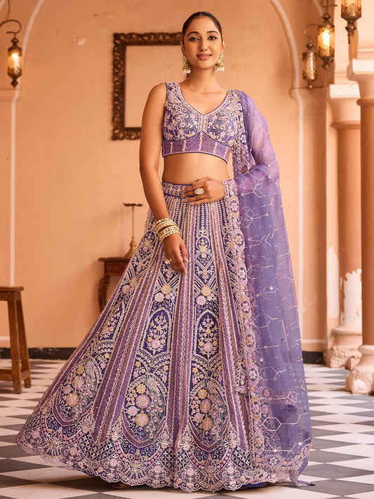 Purple Net Fabric Sequins embroidery Semi Stitched Lehenga & Unstitched Blouse With Dupatta