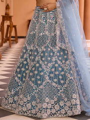 Teal Net Fabric Sequins embroidery Semi Stitched Lehenga & Unstitched Blouse With Dupatta