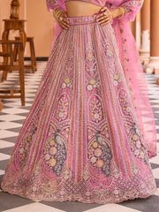 Pink Net Fabric Sequins embroidery Semi Stitched Lehenga & Unstitched Blouse With Dupatta