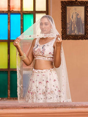 Cream Net Fabric Sequins embroidery Semi Stitched Lehenga & Unstitched Blouse With Dupatta