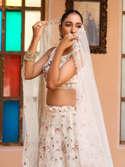 Cream Net Fabric Sequins embroidery Semi Stitched Lehenga & Unstitched Blouse With Dupatta