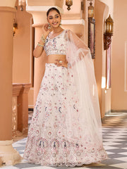 Cream Net Fabric Sequins embroidery Semi Stitched Lehenga & Unstitched Blouse With Dupatta