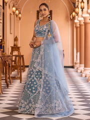 Teal Net Fabric Sequins embroidery Semi Stitched Lehenga & Unstitched Blouse With Dupatta