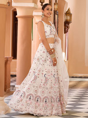Cream Net Fabric Sequins embroidery Semi Stitched Lehenga & Unstitched Blouse With Dupatta