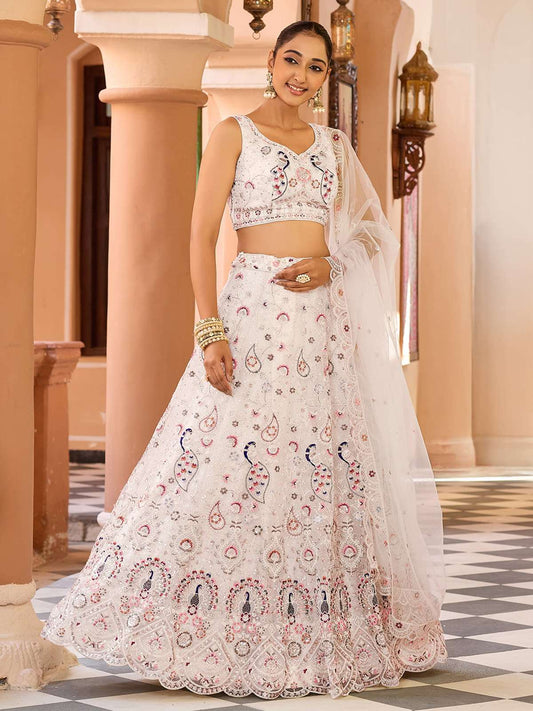 Cream Net Fabric Sequins embroidery Semi Stitched Lehenga & Unstitched Blouse With Dupatta