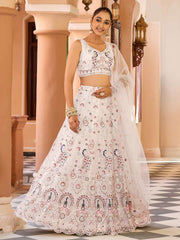 Cream Net Fabric Sequins embroidery Semi Stitched Lehenga & Unstitched Blouse With Dupatta