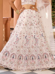 Cream Net Fabric Sequins embroidery Semi Stitched Lehenga & Unstitched Blouse With Dupatta