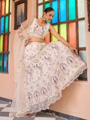 Cream Net Fabric Sequins embroidery Semi Stitched Lehenga & Unstitched Blouse With Dupatta
