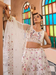 Cream Net Fabric Sequins embroidery Semi Stitched Lehenga & Unstitched Blouse With Dupatta