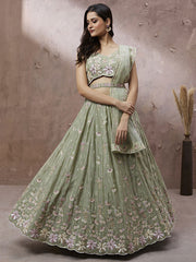 Lime Green Pure Georgette Sequins with heavy Zarkan embroidery Semi-Stitched Lehenga choli & Dupatta