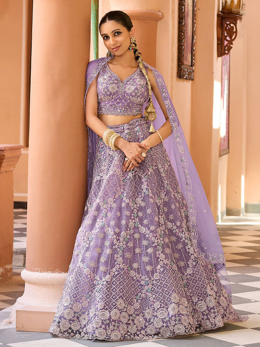 Mauve Net Fabric Sequins embroidery Semi Stitched Lehenga & Unstitched Blouse With Dupatta