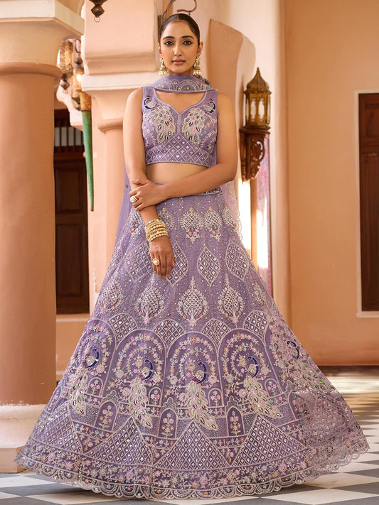Mauve Net Fabric Sequins embroidery Semi Stitched Lehenga & Unstitched Blouse With Dupatta
