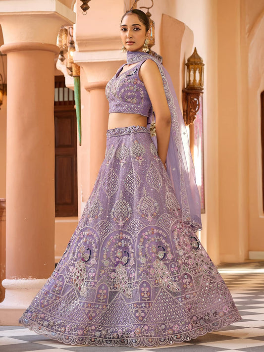 Mauve Net Fabric Sequins embroidery Semi Stitched Lehenga & Unstitched Blouse With Dupatta