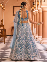 Teal Net Fabric Sequins embroidery Semi Stitched Lehenga & Unstitched Blouse With Dupatta