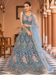 Teal Net Fabric Sequins embroidery Semi Stitched Lehenga & Unstitched Blouse With Dupatta