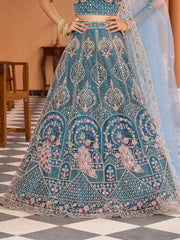 Teal Net Fabric Sequins embroidery Semi Stitched Lehenga & Unstitched Blouse With Dupatta