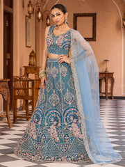 Teal Net Fabric Sequins embroidery Semi Stitched Lehenga & Unstitched Blouse With Dupatta