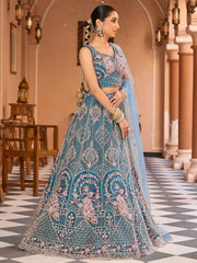 Teal Net Fabric Sequins embroidery Semi Stitched Lehenga & Unstitched Blouse With Dupatta