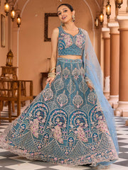 Teal Net Fabric Sequins embroidery Semi Stitched Lehenga & Unstitched Blouse With Dupatta
