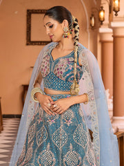 Teal Net Fabric Sequins embroidery Semi Stitched Lehenga & Unstitched Blouse With Dupatta