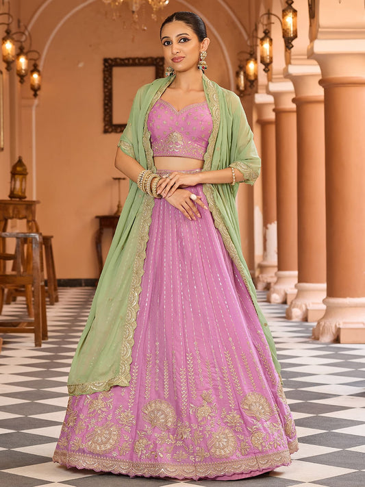 Pink Tissue Silk Fabric Sequins embroidery Semi Stitched Lehenga & Unstitched Blouse With Dupatta