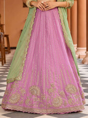 Pink Tissue Silk Fabric Sequins embroidery Semi Stitched Lehenga & Unstitched Blouse With Dupatta